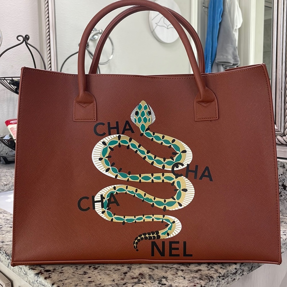 Brown Designer Tote Bag with Snake Design